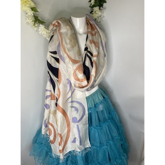 Cashmere Wrappings 100% Silk Wrap Scarf Shawl 80”x27” Cream Black Orange Purple - Picture 12 of 16